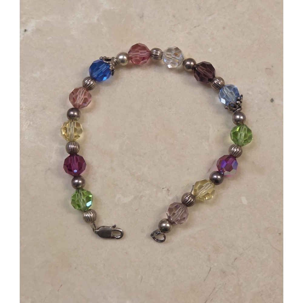 Vintage Sterling Silver & Colorful Crystal Bead Bracelet 925 7.5"‎ - Picture 4 of 5